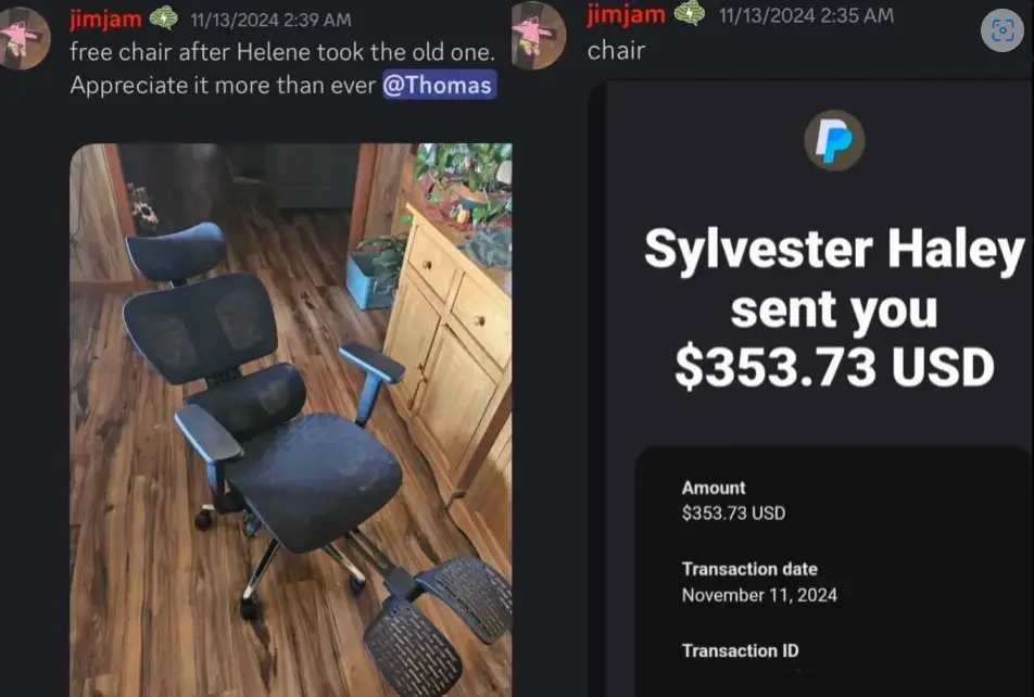 An example of a refund-for-review success featuring a free chair acquisition and a PayPal transaction showing $353.73, symbolizing the potential of online side hustles.