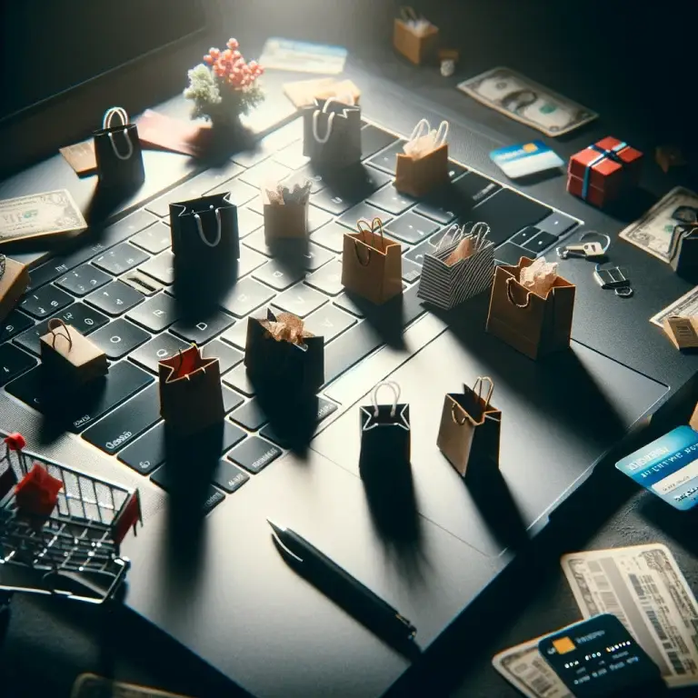 A slightly dark and dramatic image of a laptop keyboard scattered with miniature shopping bags, boxes, receipts, and credit cards, symbolizing online shopping addiction and the allure of online side hustles like refund-for-review opportunities and freebies.